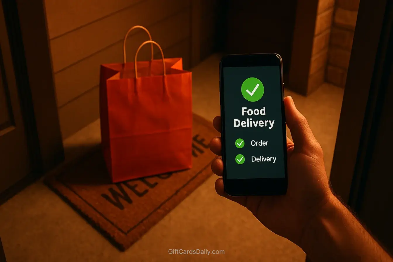 A first-person view of someone opening their front door to find a red food delivery bag, while holding a smartphone displaying a zero-dollar order total.