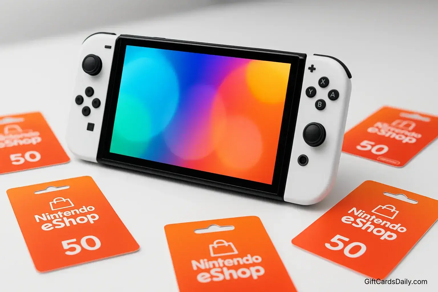 A Nintendo Switch console surrounded by legitimate Nintendo eShop gift cards.