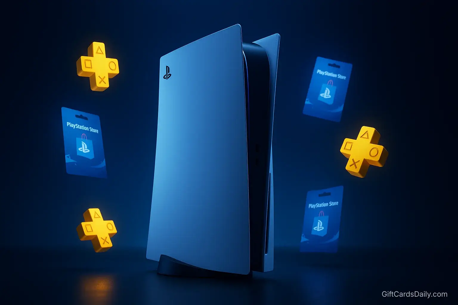 A PlayStation 5 console surrounded by floating PlayStation Store gift cards and PS Plus symbols.