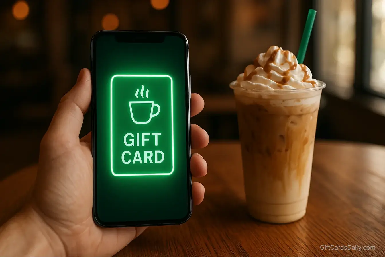 A first-person view of a hand holding a smartphone displaying a digital Starbucks gift card, with a Venti Iced Caramel Macchiato sitting on a table in a sunny café.