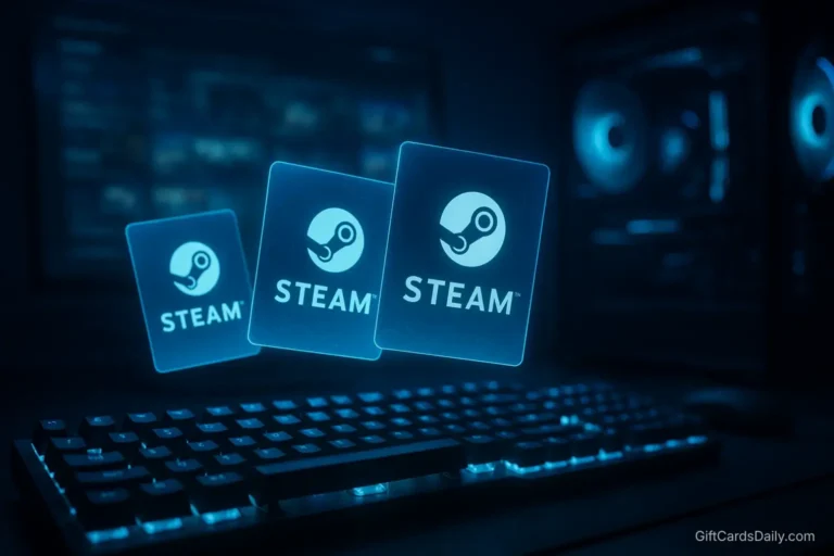 A high-end PC gaming setup with glowing Steam gift cards, representing earning free Steam Wallet credit.