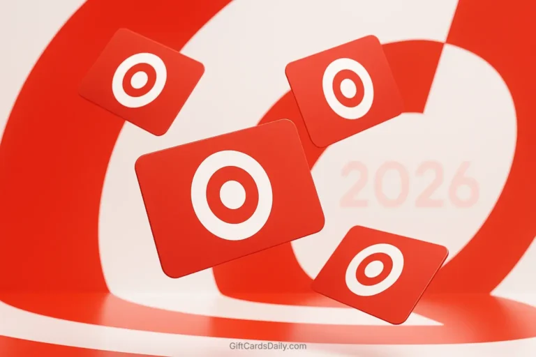 A 3D composition of Target gift cards floating in a modern red and white setting, representing 2026 shopping hacks.
