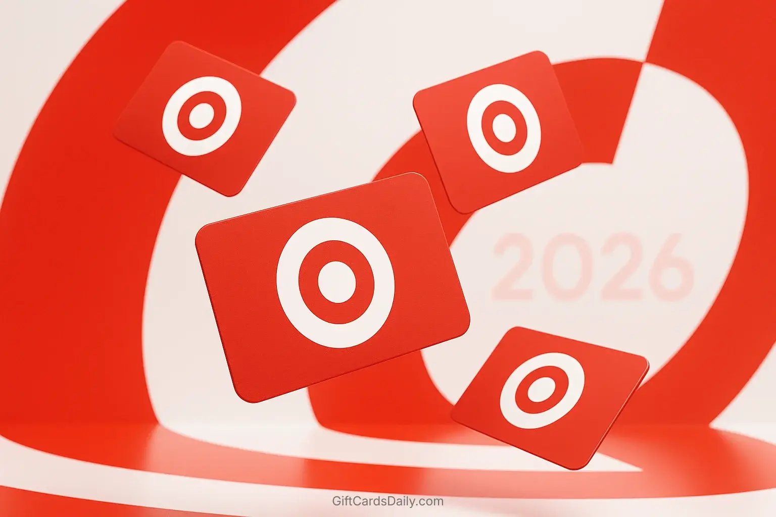 A 3D composition of Target gift cards floating in a modern red and white setting, representing 2026 shopping hacks.
