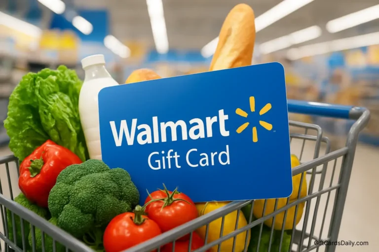 A shopping cart full of fresh groceries with a Walmart gift card in the foreground, representing saving money on food.