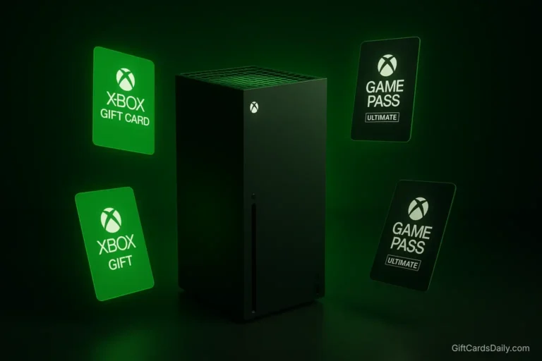 An Xbox Series X console surrounded by floating Game Pass Ultimate and Xbox gift cards.