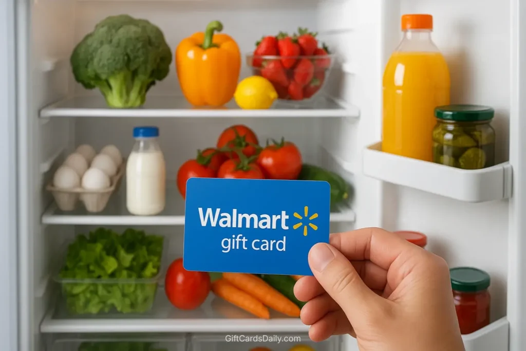 An open refrigerator fully stocked with groceries, with a hand holding a Walmart gift card, symbolizing budget success.