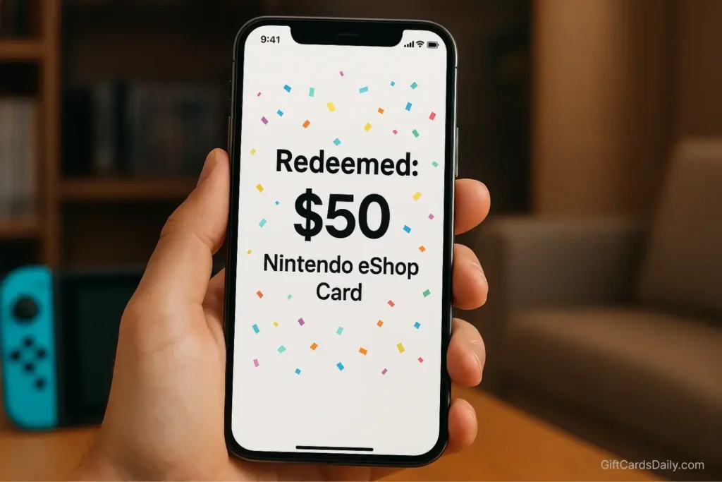 A smartphone screen showing a successful redemption of a free Nintendo eShop code on the GiftCards Daily app.