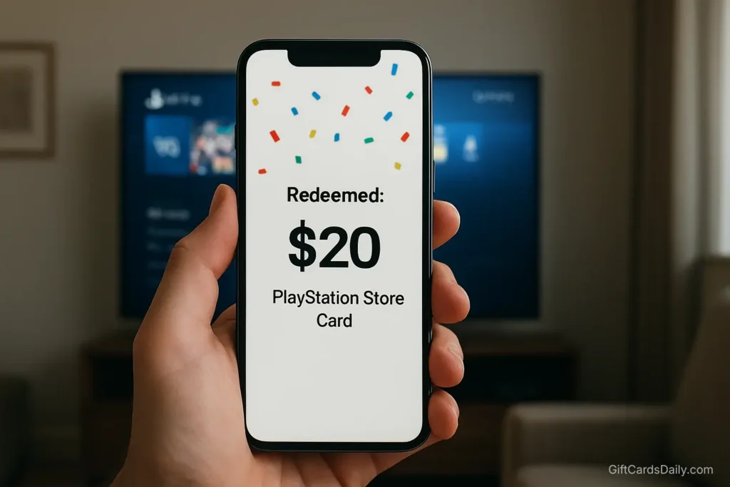 A gamer using the GiftCards Daily app to successfully redeem a PlayStation Store gift card.