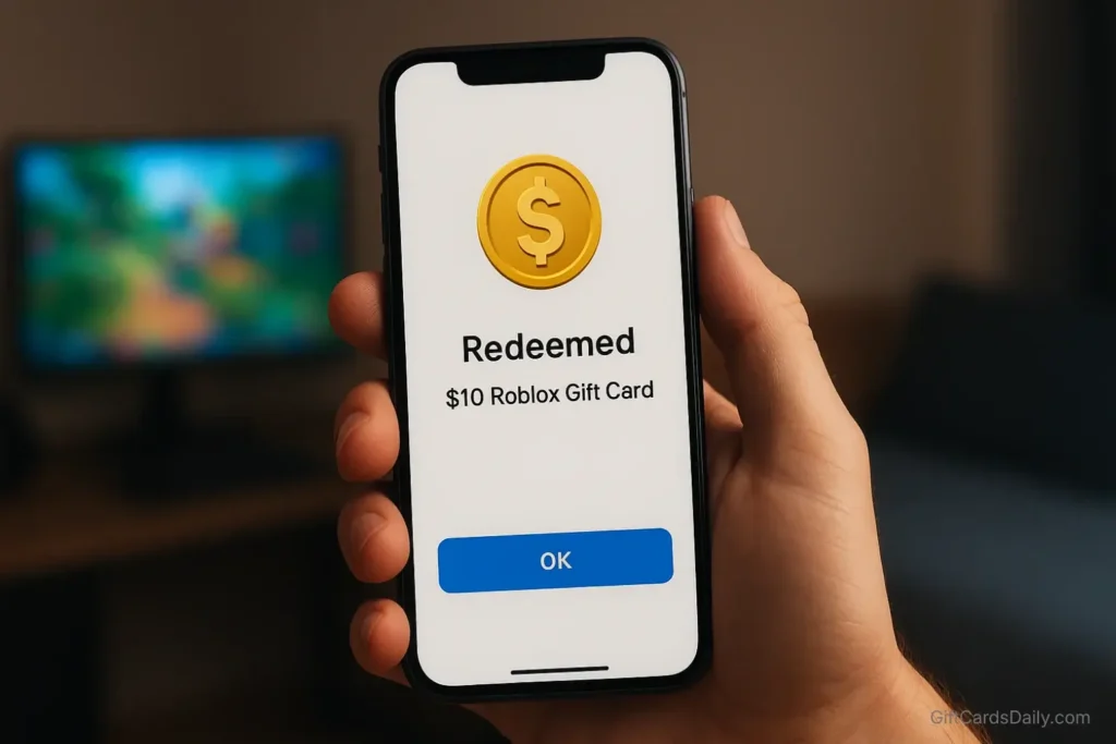 A smartphone screen showing a successful redemption of a Roblox gift card on the GiftCards Daily app.