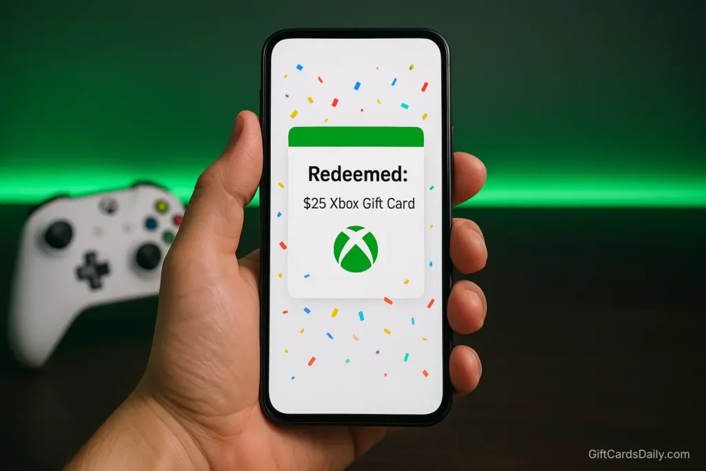 A gamer using the GiftCards Daily app to redeem a $25 Xbox gift card, with an Xbox controller in the background.