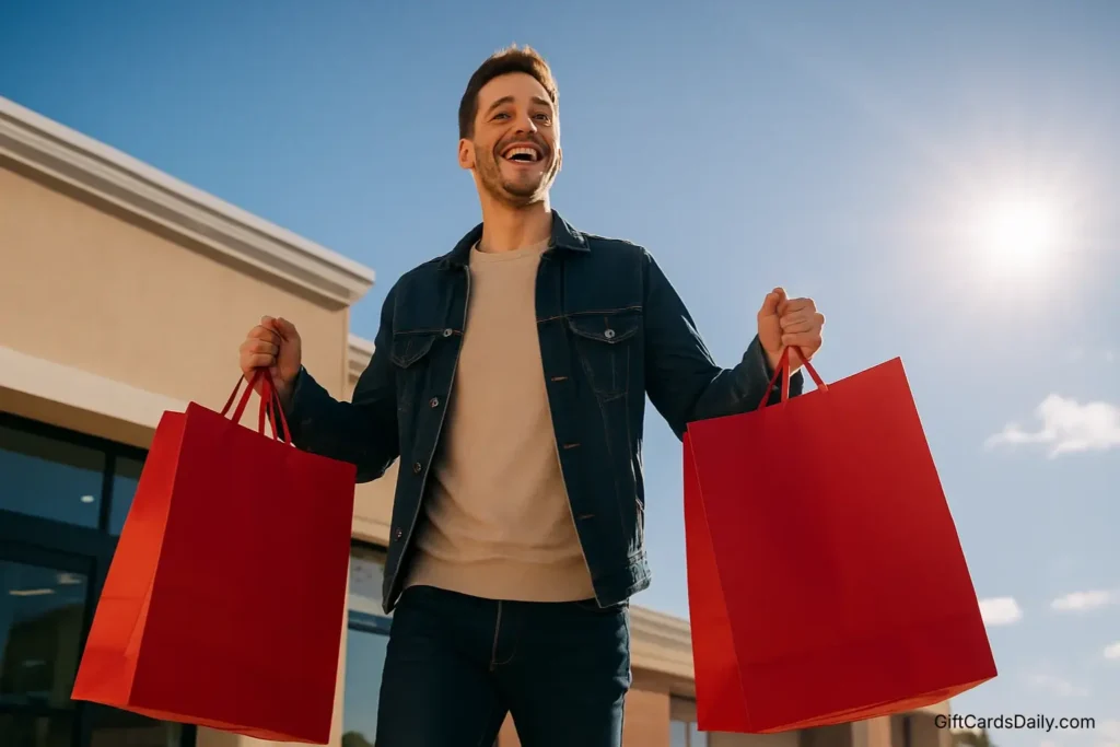 A happy shopper carrying red bags walking out of a store, representing a successful guilt-free shopping trip.