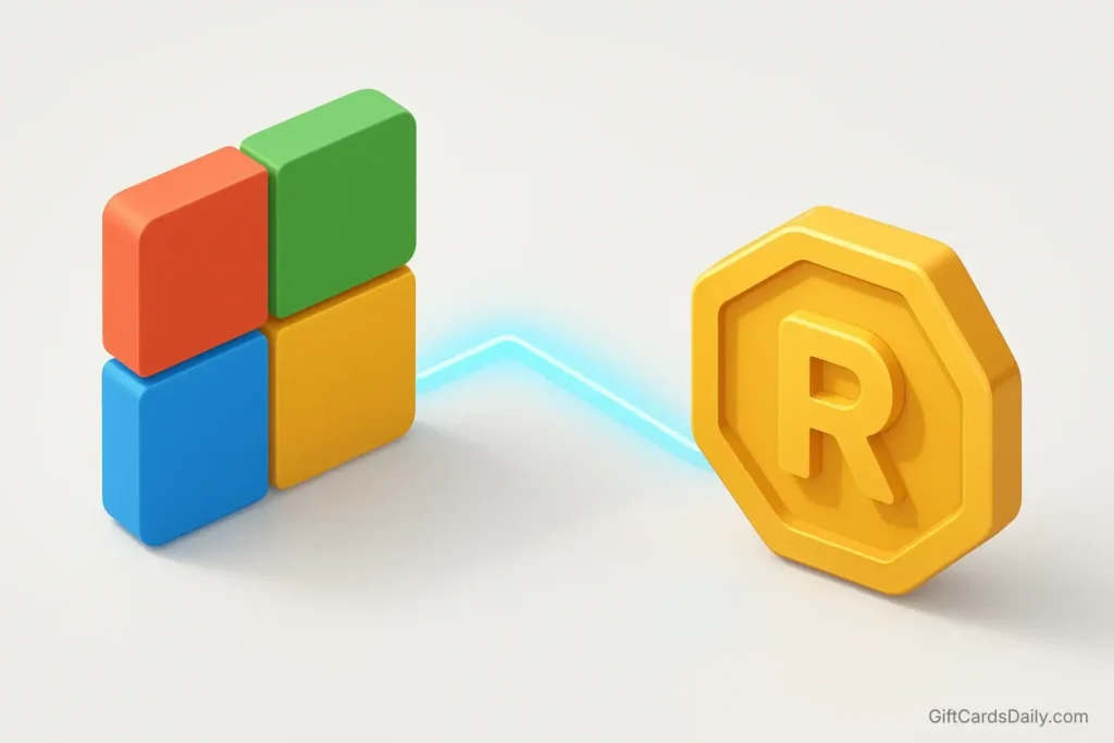 3D icons of Microsoft and Robux representing the official rewards partnership.