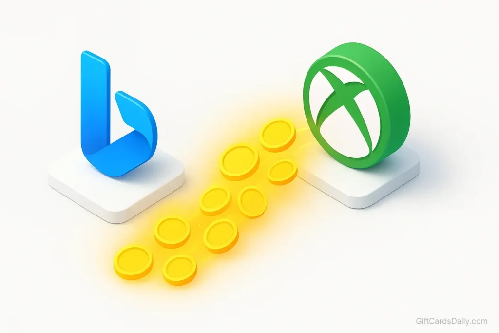 3D illustration showing the connection between Bing searches and Xbox rewards points.