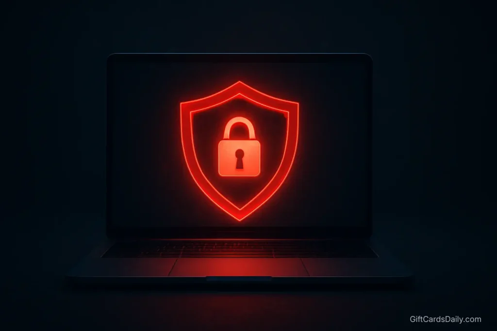 Digital security shield icon glowing red on a laptop screen indicating a scam warning.