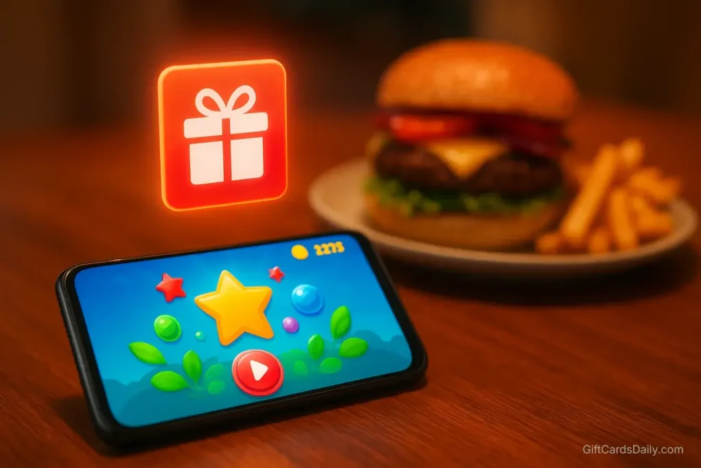 A smartphone displaying a colorful mobile game on a dining table, with a red digital gift card icon hovering over the screen, next to a burger and fries.