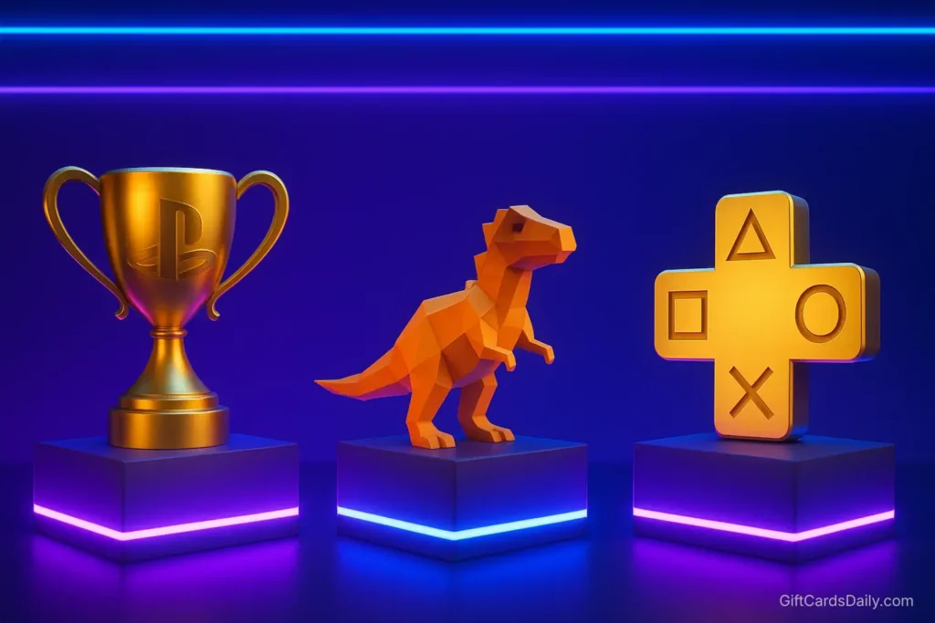 Digital collectibles and trophies displayed on a virtual shelf, representing the PlayStation Stars loyalty program.