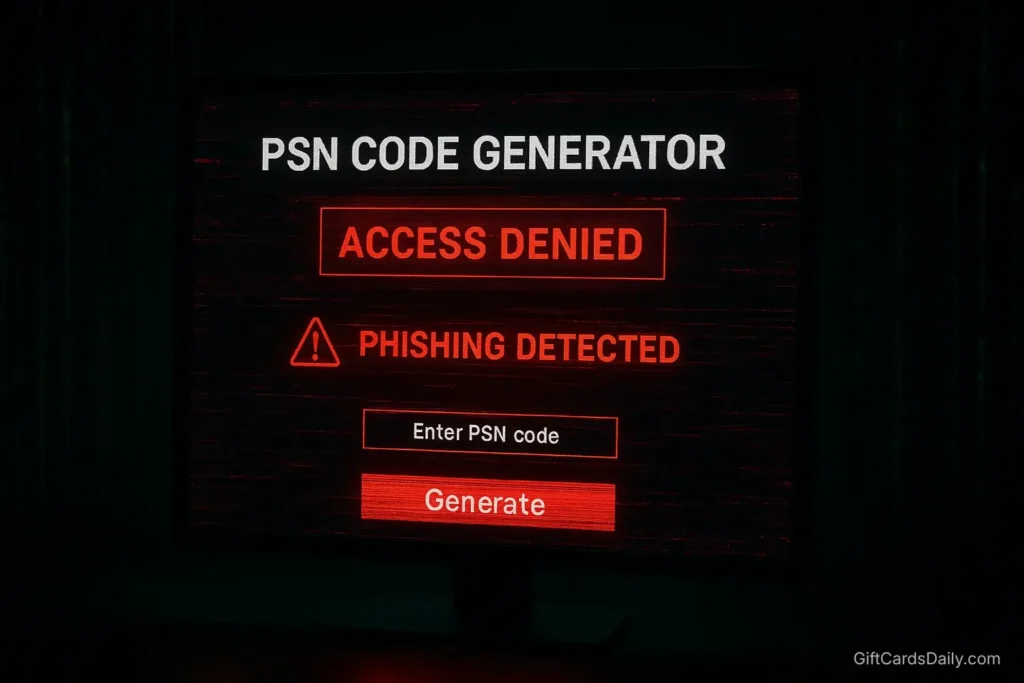 A computer screen showing a fake PSN code generator with security warning alerts.