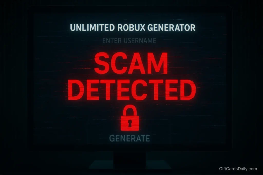 A glitchy computer screen showing a fake Robux generator with a scam warning alert.