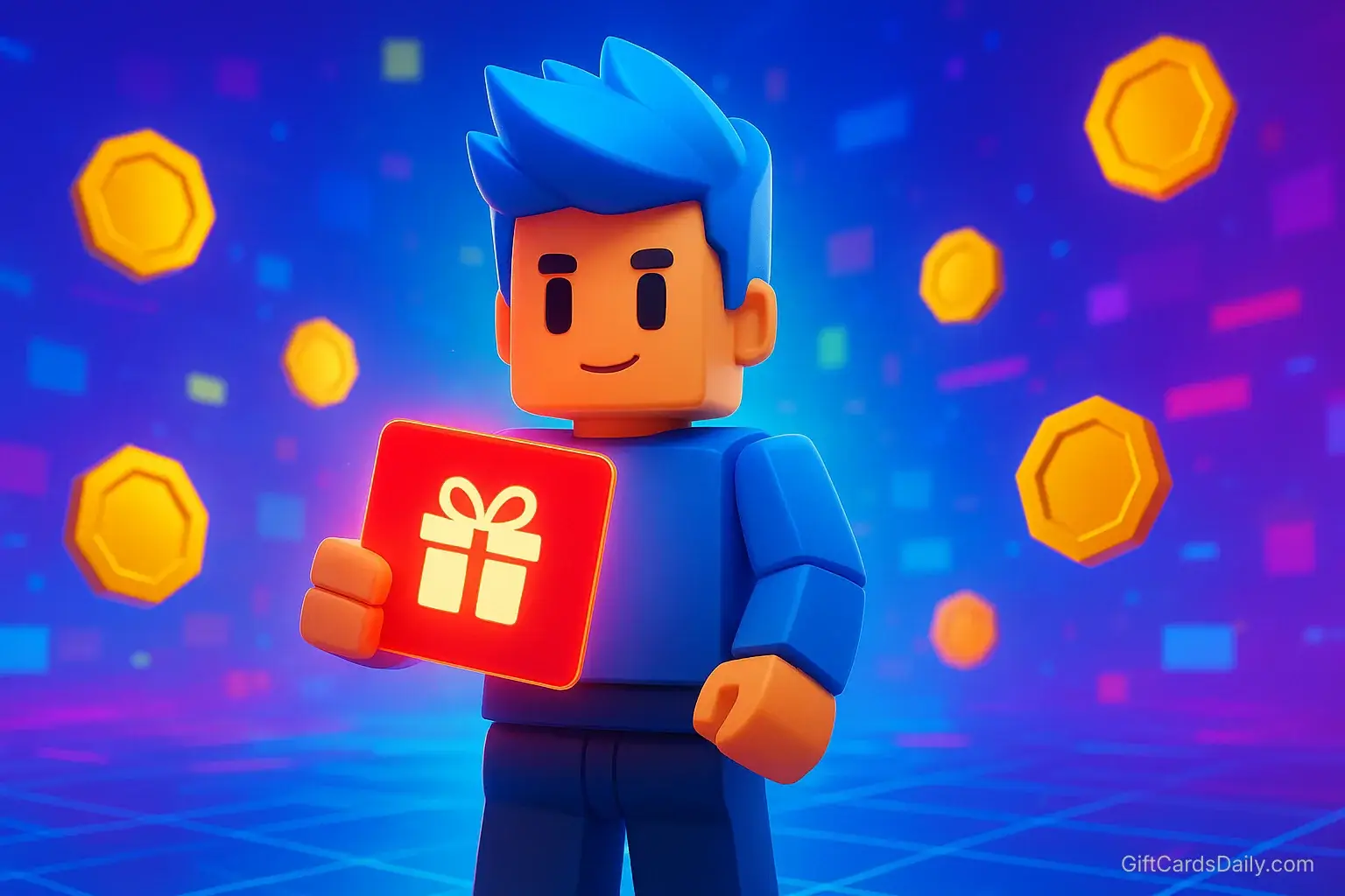 A 3D Roblox-style avatar holding a gift card surrounded by floating Robux coins.