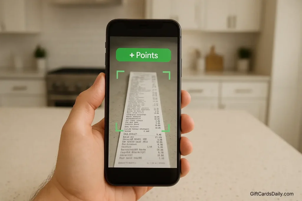 A first-person view of someone scanning a grocery receipt with a smartphone app to earn reward points.