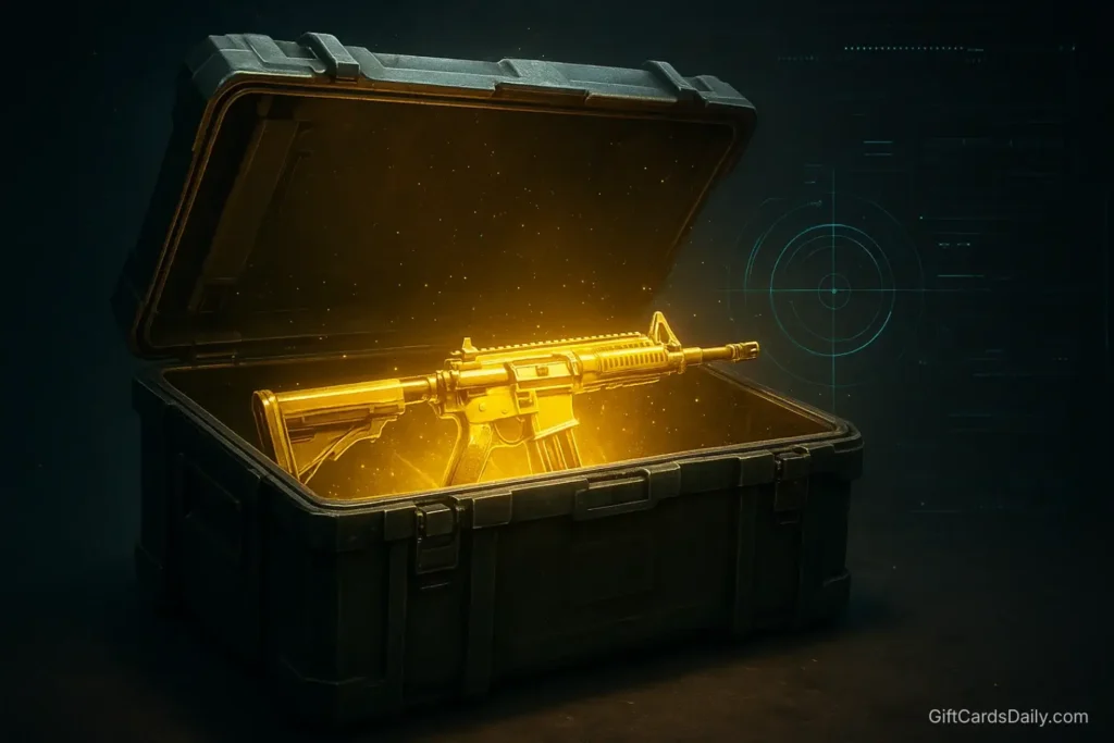 A tactical loot crate opening to reveal a valuable skin, representing selling in-game items for Steam credit.