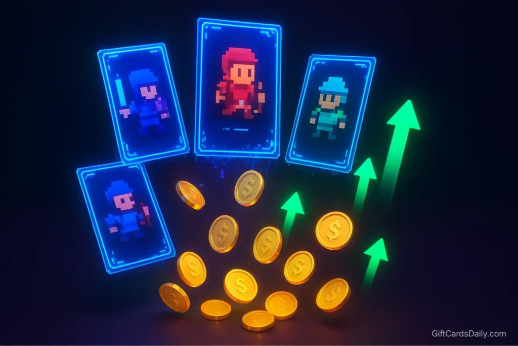 Holographic Steam trading cards transforming into digital currency, illustrating the Steam Community Market economy.