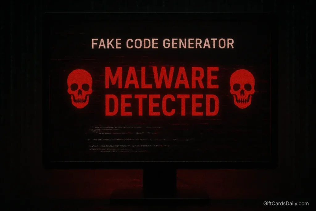 A glitchy computer screen with a red malware warning, illustrating the danger of fake Steam code generators.
