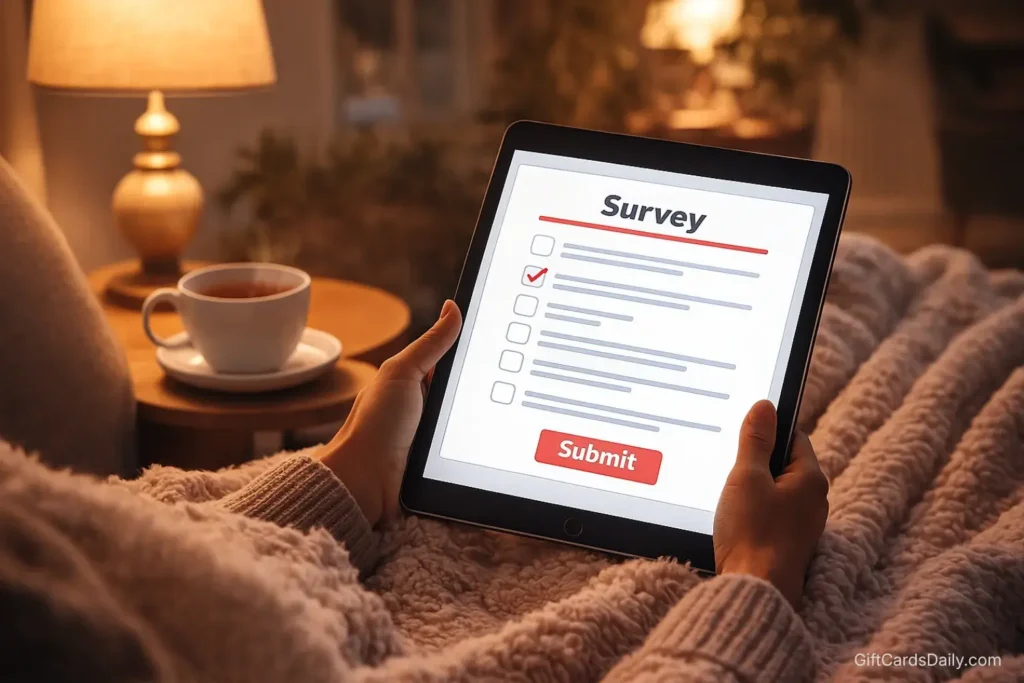 A person relaxing on a sofa with a tablet taking online surveys in a cozy living room.