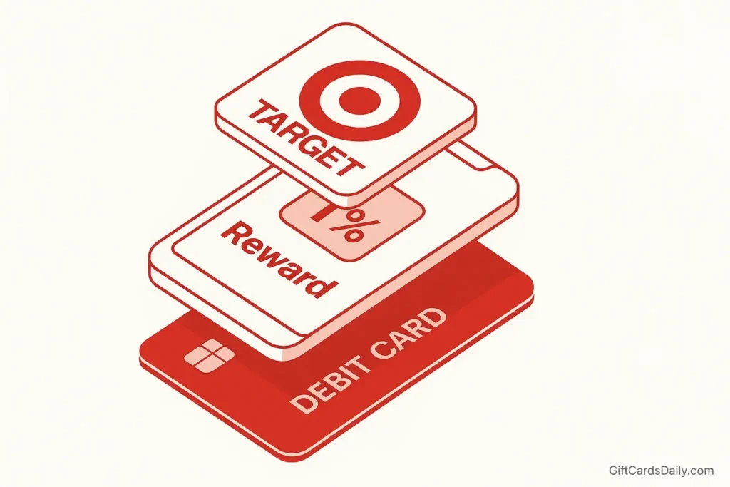 An illustration showing the stacking strategy of using a RedCard, Target Circle App, and a Gift Card together.