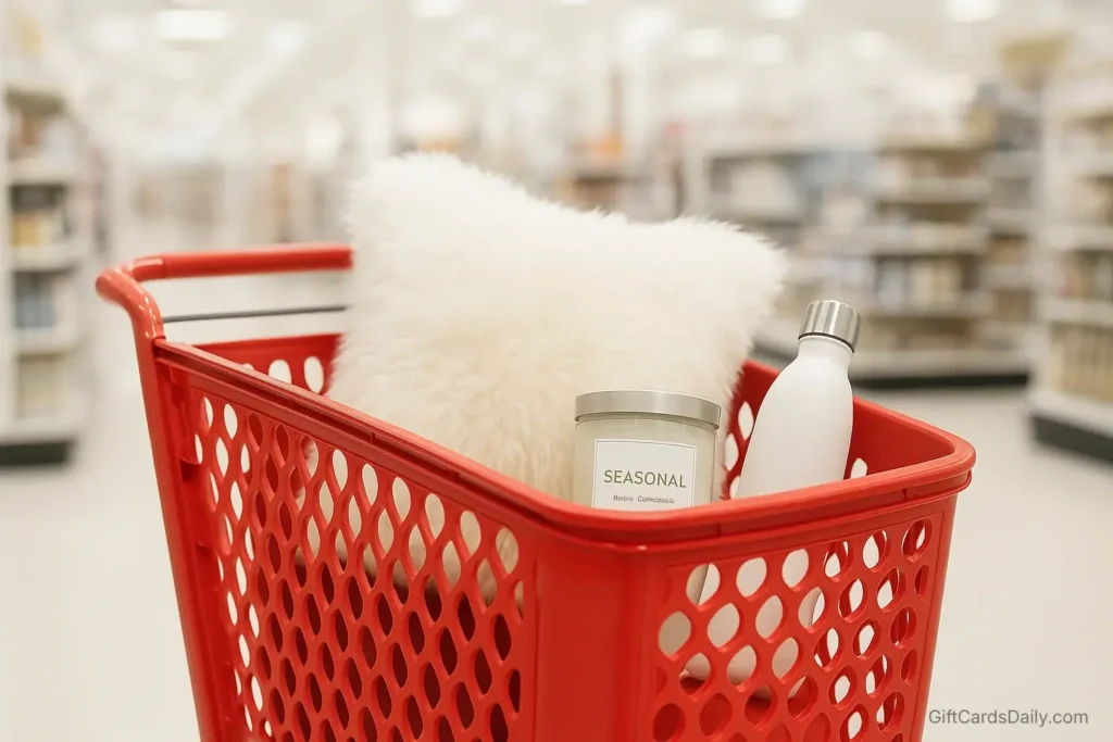 A red shopping cart filled with throw pillows and home decor items inside a bright store.