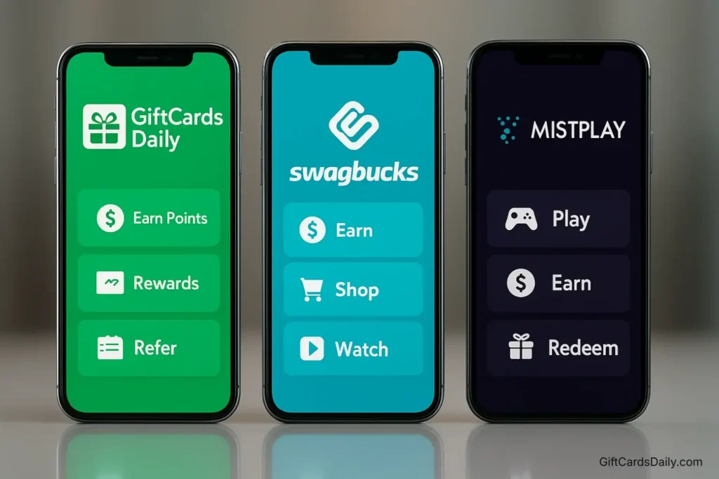 Three smartphones standing side-by-side displaying the interfaces of GiftCards Daily, Swagbucks, and Mistplay.