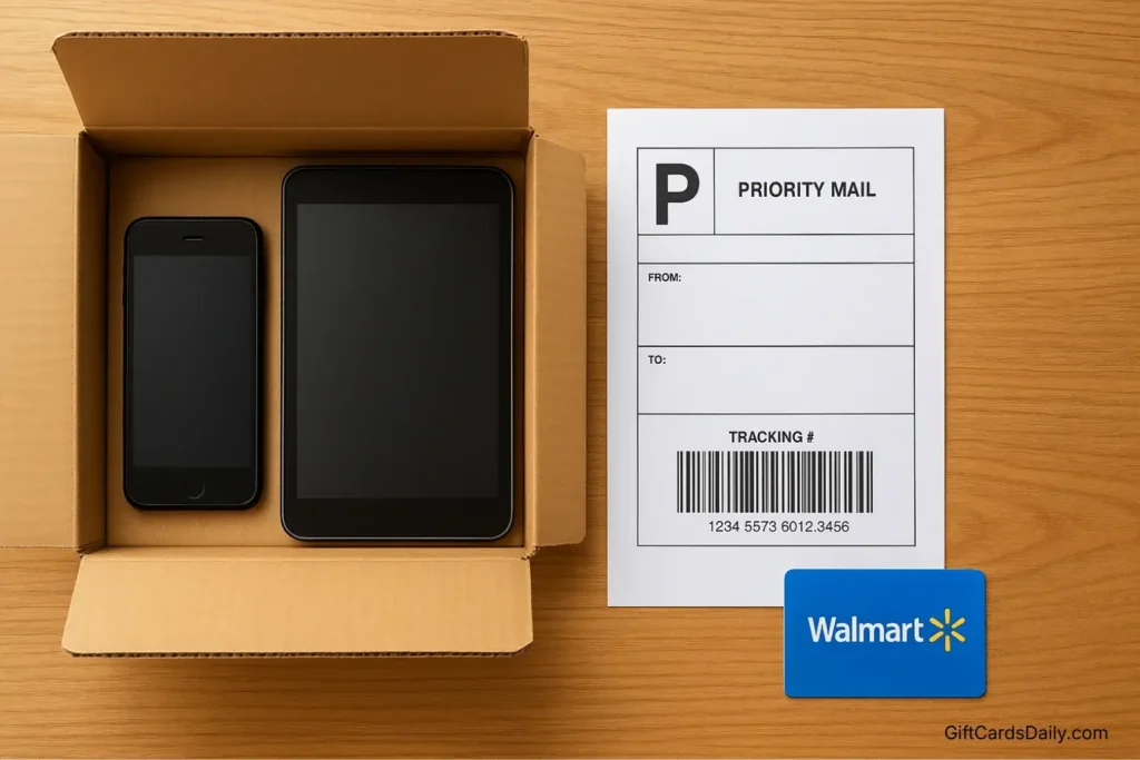 An open shipping box with an old smartphone and tablet ready for trade-in next to a Walmart gift card.