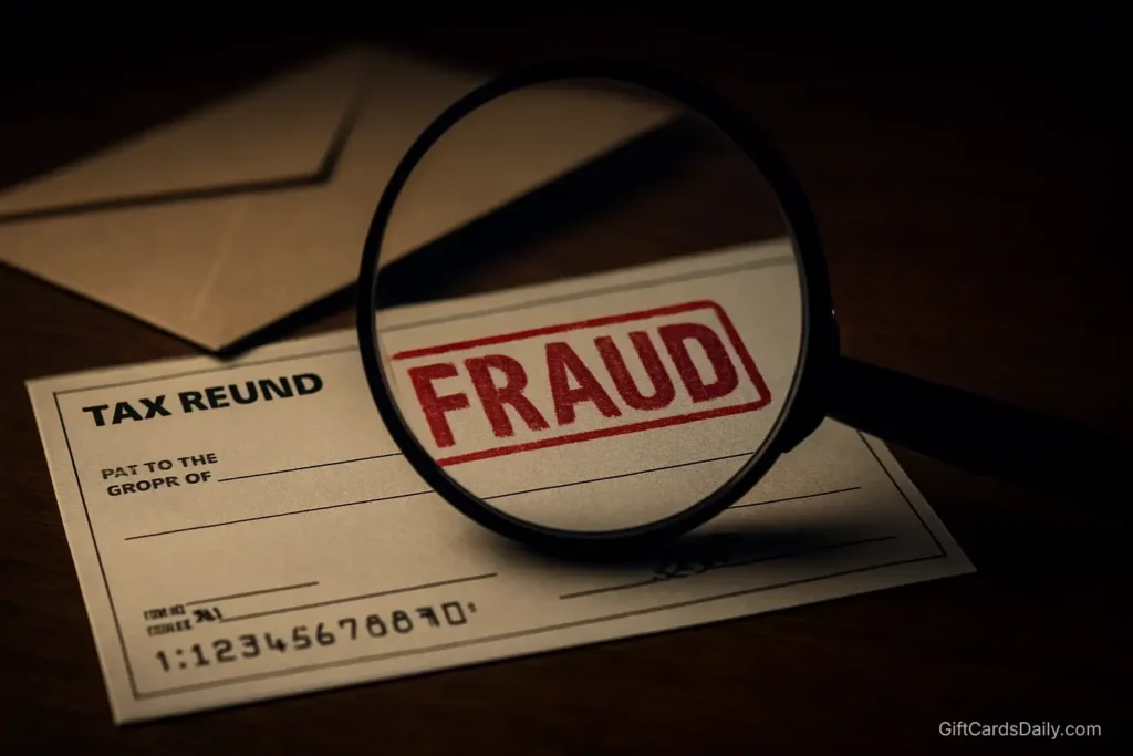 A close-up of a fraudulent check under a magnifying glass, warning users about mystery shopper scams.