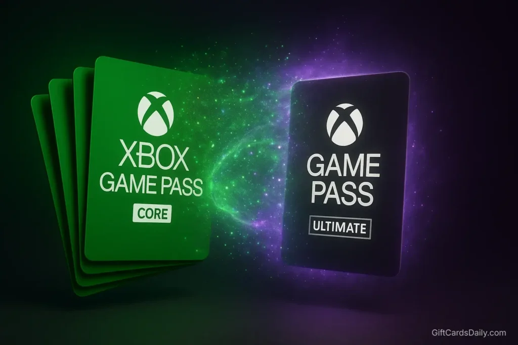 A stack of Game Pass Core cards transforming into a Game Pass Ultimate card, illustrating the conversion strategy.