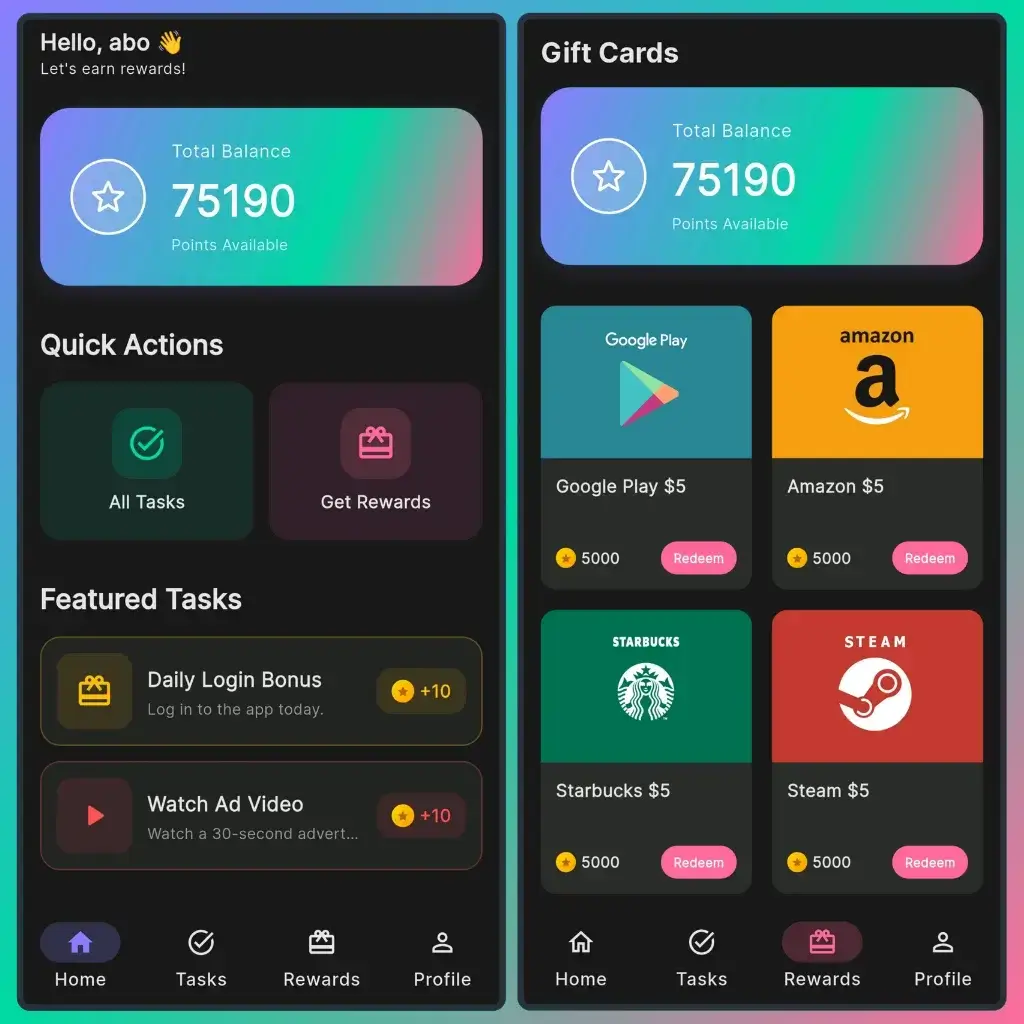 GiftCards Daily app interface on an Android phone, showing the user's balance and available tasks to earn rewards.
