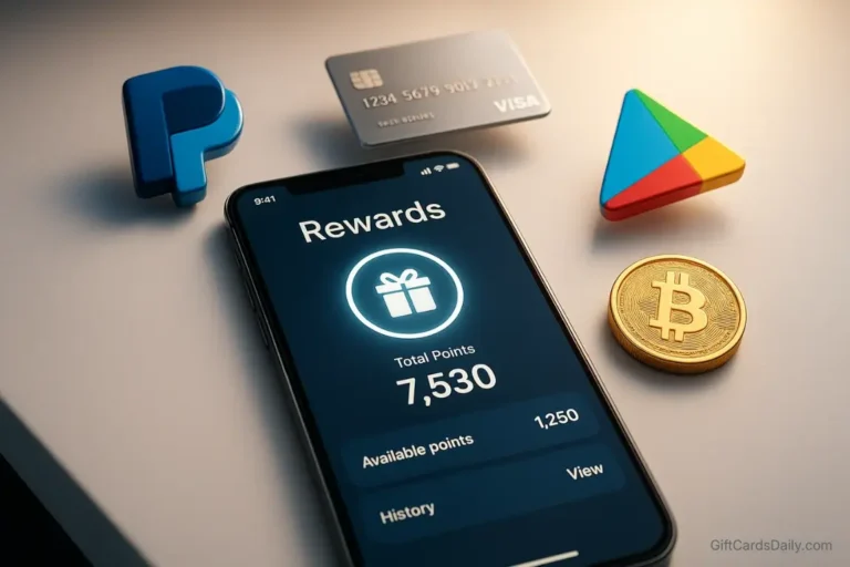 A smartphone displaying a rewards app interface surrounded by floating icons for PayPal, Visa, Google Play, and Cryptocurrency.