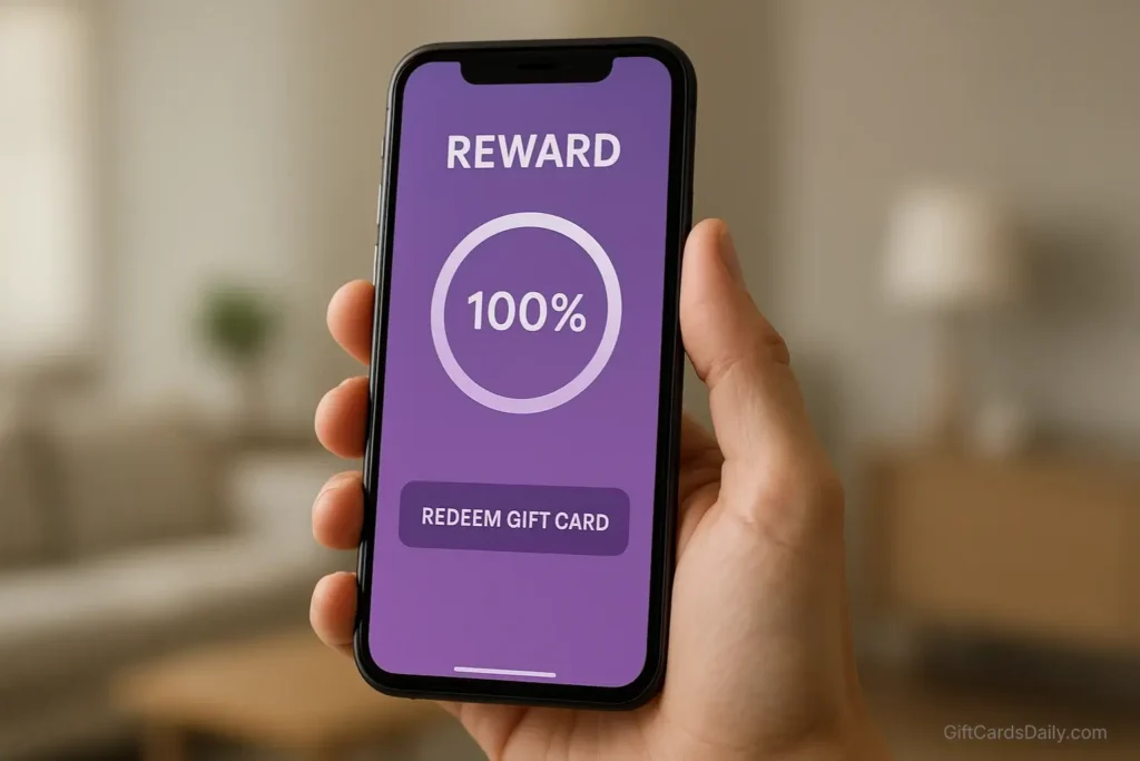 A user holding a smartphone displaying the GiftCards Daily reward app interface ready to redeem a prize.