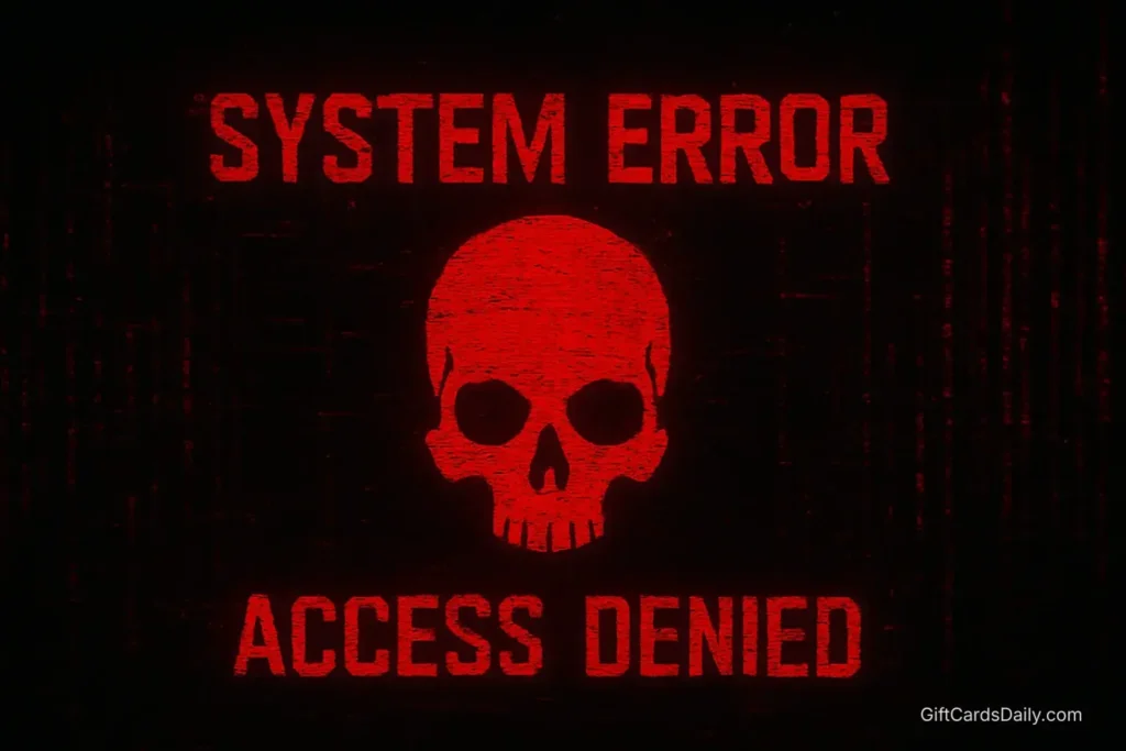 A glitchy computer screen with a red warning icon representing fake code generator scams.