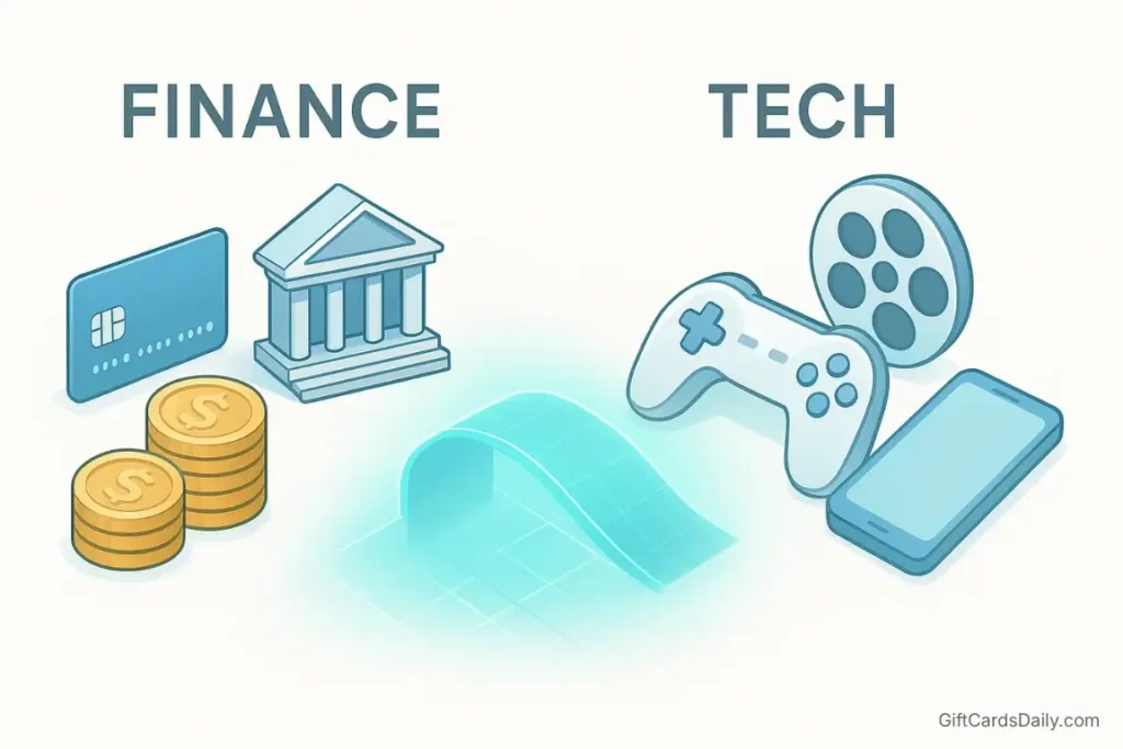 An illustration comparing finance rewards like cash and cards against tech rewards like gaming and digital media credits.