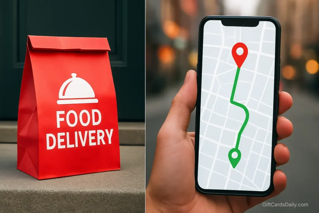 A split-screen image showing a red food delivery bag on the left and a green delivery map on a smartphone on the right, representing DoorDash and Uber Eats.