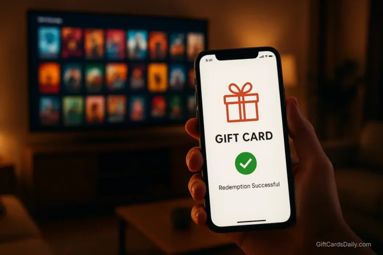 A user holding a smartphone showing a redeemed gift card reward in front of a smart TV playing streaming content.
