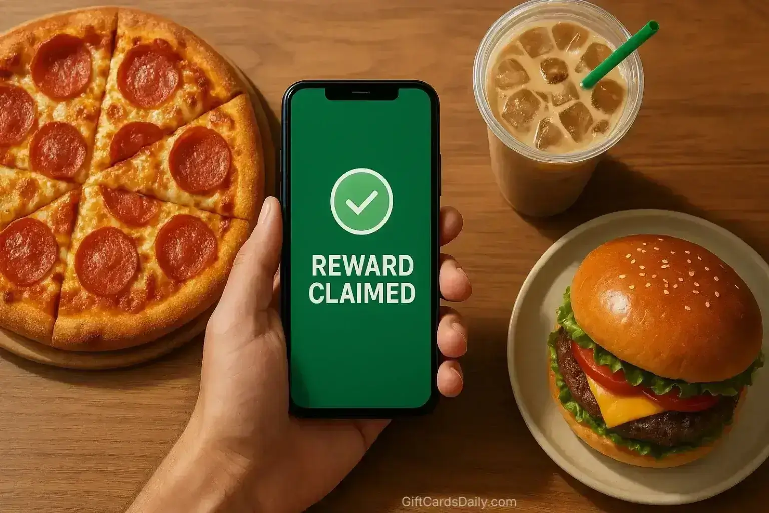 A smartphone displaying a rewards app notification surrounded by a table full of pizza, burgers, and coffee, representing free food gift cards.