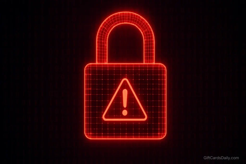 A digital security padlock and warning symbol representing protection against gift card scams.

