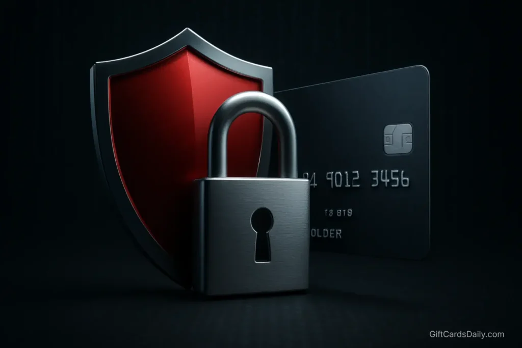 A 3D illustration of a digital lock and a shield protecting a credit card, symbolizing safety from gift card scams.