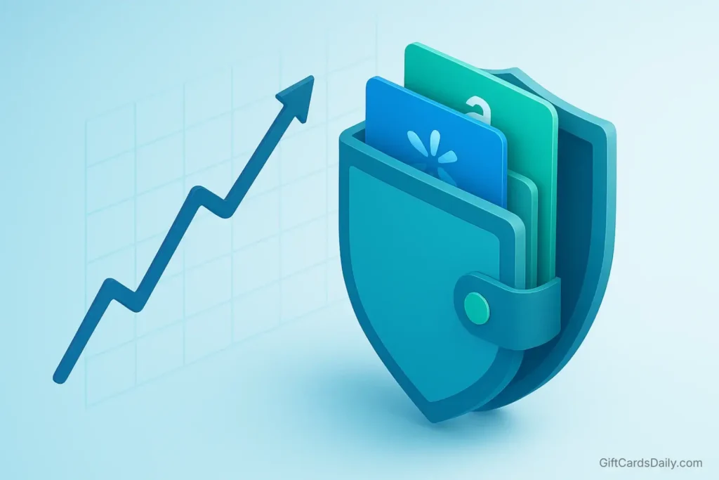 An illustration of a digital wallet containing gift cards shielding a budget from rising inflation graphs.