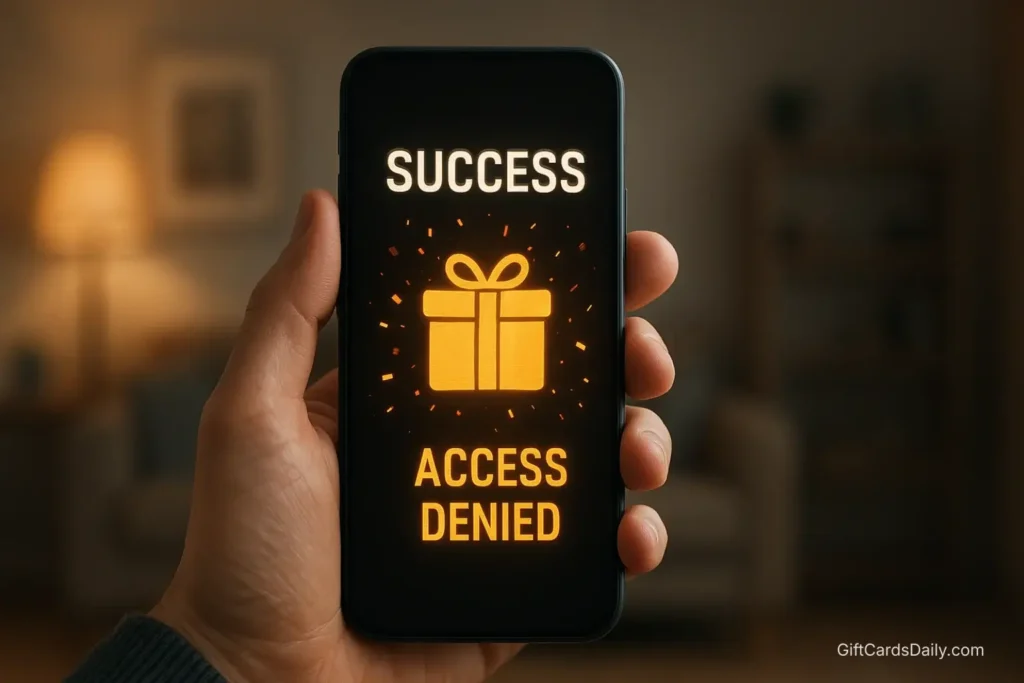 A smartphone screen displaying a successful gift card redemption on a rewards app.