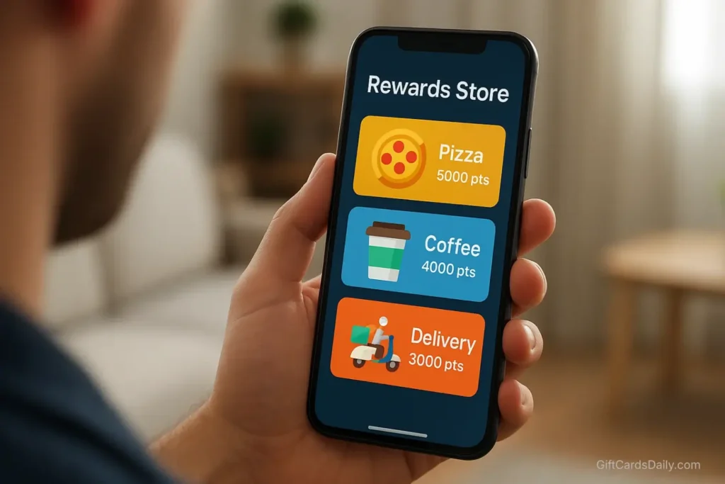 A close-up of a smartphone screen showing the GiftCards Daily app interface with redemption options for Domino's, Uber Eats, and Starbucks.