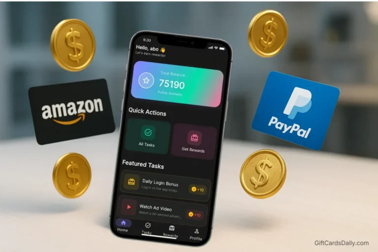 GiftCards Daily app logo displayed on a modern smartphone surrounded by floating gold coins and gift cards.