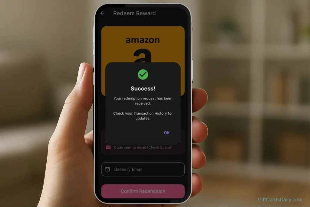 Verified PayPal payment notification of $5.00 received from GiftCards Daily on a smartphone screen.