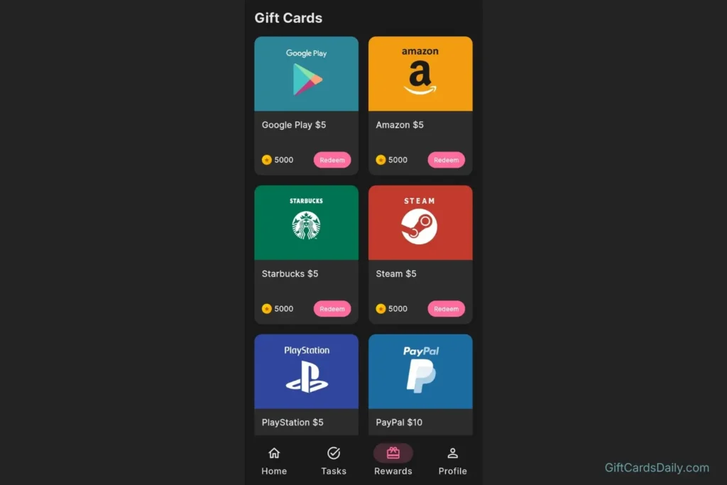 Grid of digital gift cards including Amazon, PayPal, Steam, and PlayStation available in the GiftCards Daily store.
